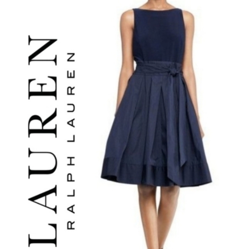 Lauren Ralph Lauren Navy Sleeveless A-Line Tie-Waist Midi Dress